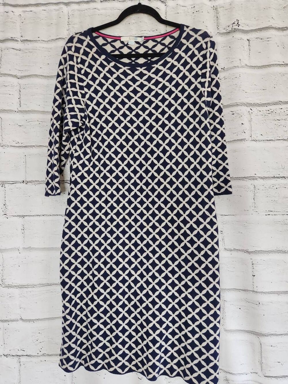 Boden Cotton Blend Geometrical White Blue 3/4 Sleeve Sweater Dress Womens US14R